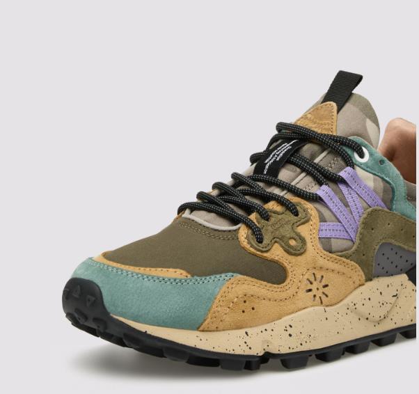YAMANO 3 MAN Suede and technical fabric sneakers - camo petrol
