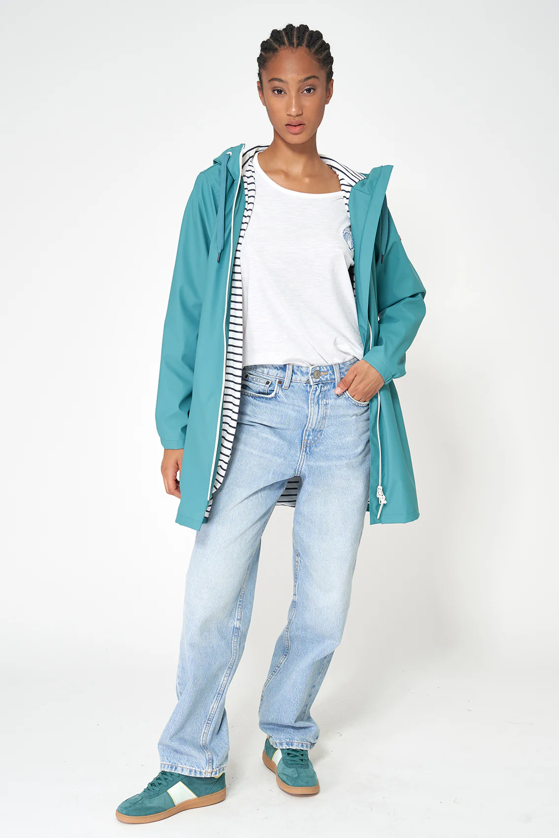 Chubasquero 100% impermeable con forro de rayas VERDE AGUA