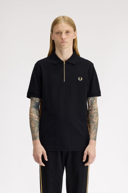 POLO de Punto FRED PERRY con cinta deportiva a rayas Negro/Champan