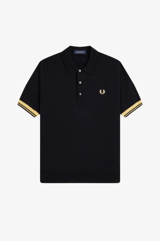 POLO de Punto FRED PERRY con cinta deportiva a rayas Negro/Champan